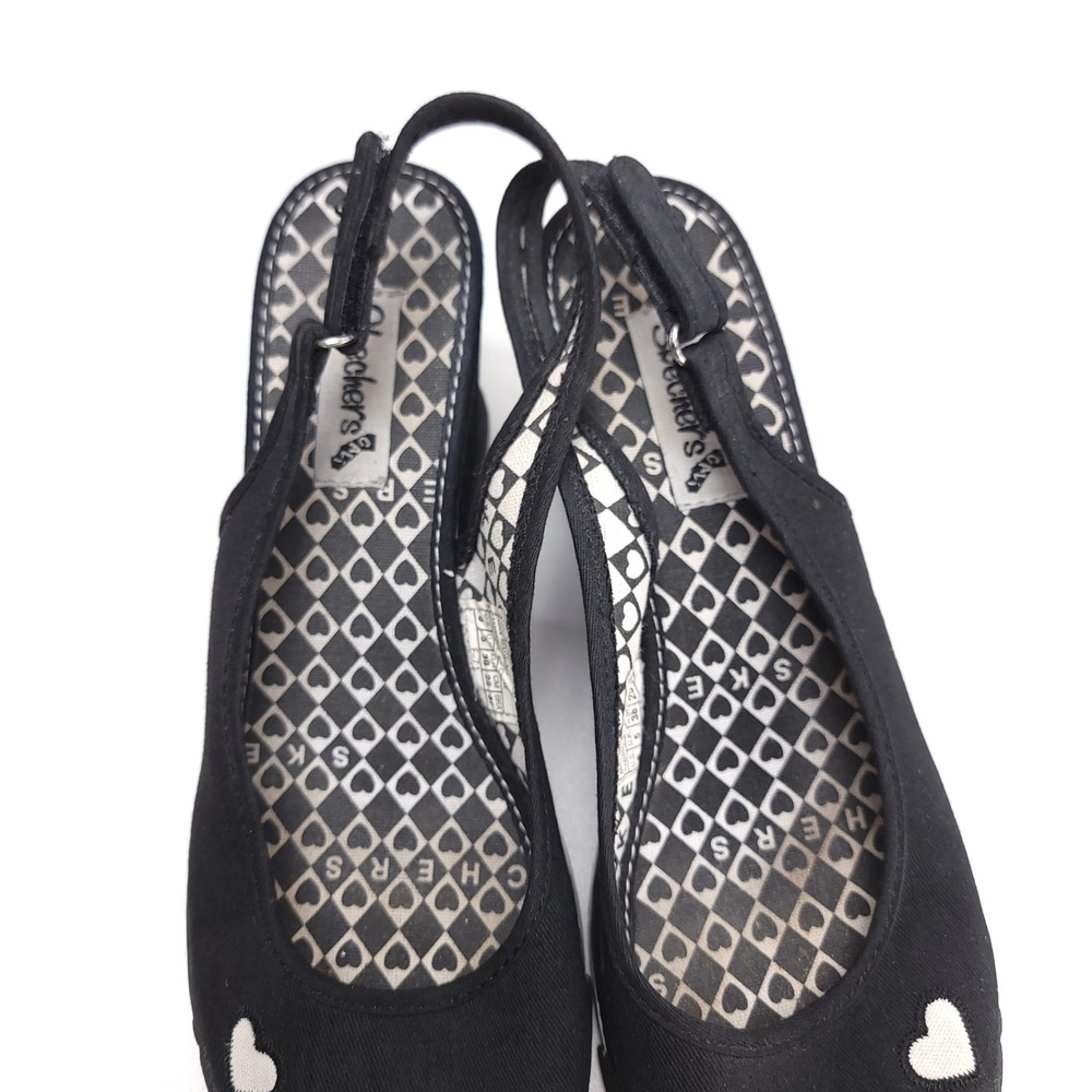 Skechers Womens Black Canvas Heart Peep Toe Slingback Wedge Sandals Y2K Size 8 - Picture 4 of 8